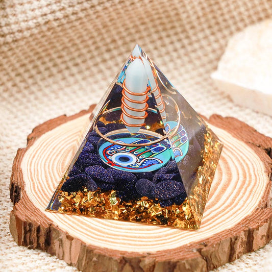 Aquamarine Pillar Hamsa & Evil Eye Orgonit Pyramide