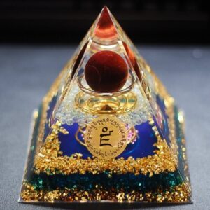 Orgonit -Pyramide -mit Tigeraugenkugel- Blauem -Glas & OM-Symbol-12 cm