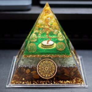 Orgonit -Pyramide-15 cm mit -Bergkristall, Citrin & Tigerauge – Lebensbaum & Runen