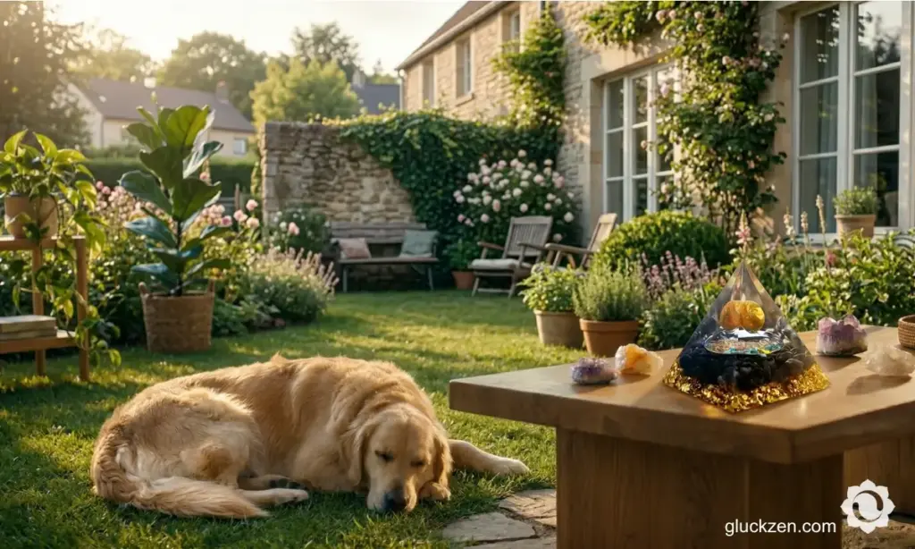 garten-hund-haustier-orgonit-pyramide-amethyst-citrin-kristall